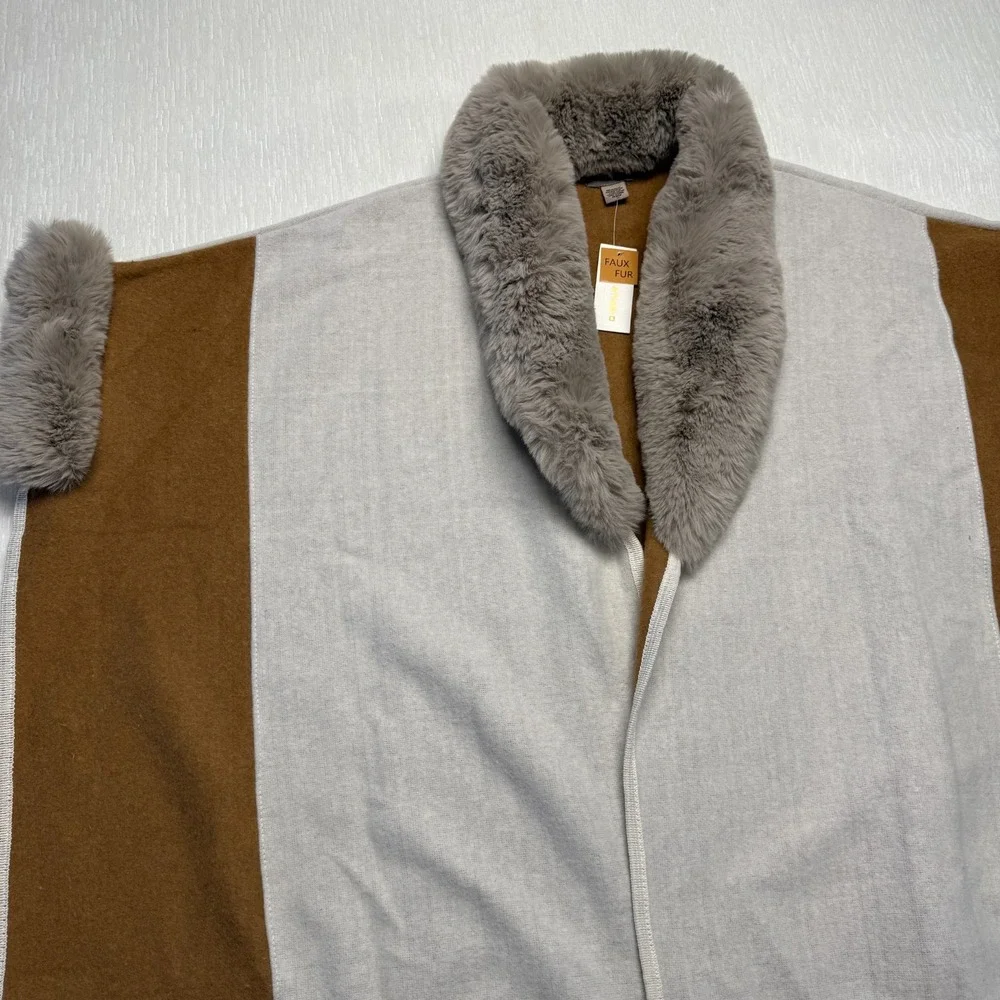 Max Studio Faux Fur Trim Poncho Scarf Cape Womens One Size Gray Camel Open Front